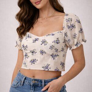 $68 Retail – ROPHO Cream Floral Puff Sleeve Smocked Top S